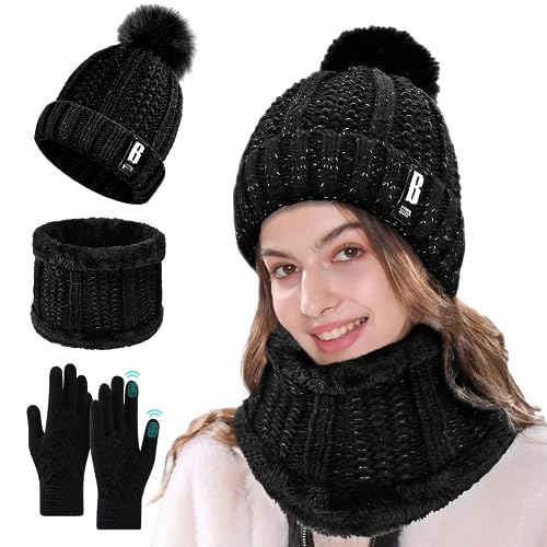 TOLOYE Gorro y Bufanda de Invierno, Mujer Gorro de Beanie Pompón Bufanda de Punto con Forro Polar...