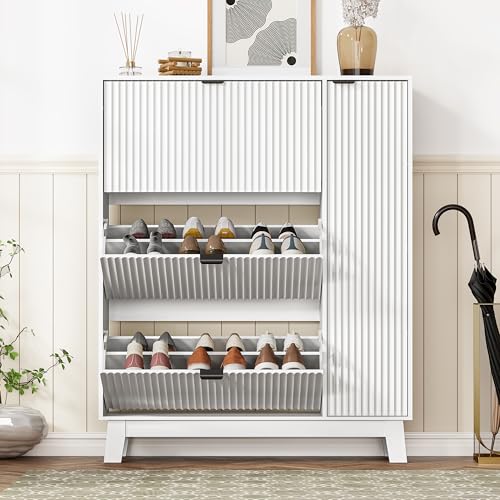 Image of Shoe Cabinet Storage for Entryway with 3 Flip Drawers & Side Cabinet, Fluted Narrow Shoe Organizer with Wooden Leg, Freestanding Shoe Storage Hidden Shoe Rack Organizer for Front Door Entrance, White
