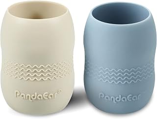 PandaEar 2 Stück Baby Trinkbecher ab 4 6 12 Monate | Silikon Kinderbecher Trinklernbecher Mehrweg Baby Becher | Snack and Drink Cup für Kinder und Kleinkinder, 100% Silikon, Blau/Weiß