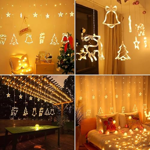 Image of Christmas LED Lights - 138 LEDs with Star, Jingle Bell, Reindeer, and Christmas Tree Designs | 8 Lighting Modes for Home, Bedroom, Wedding, and Party Decorations (Warm White)