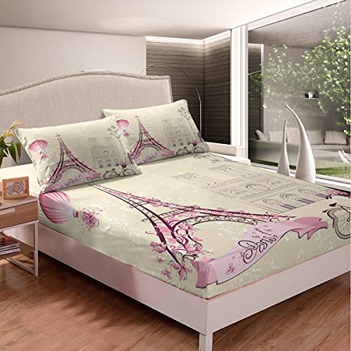 Eiffel Tower Bed Sheet Eiffel Tower Hot Air Balloon Sheet Set Full Size,Romantic Couple Decor for Girls Women Fitted Sheet Bicycle Bed Cover,Floral Paris Landmarks Bedroom Decor Ivory Pink