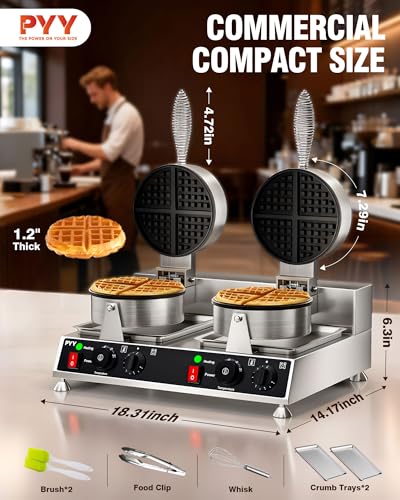 Image of PYY Commercial Waffle Maker - Double Waffle Maker 2500W Large Stainless Steel，Silver Non-stick Electric Chaffle Maker for Restaurants, and Carnival Events