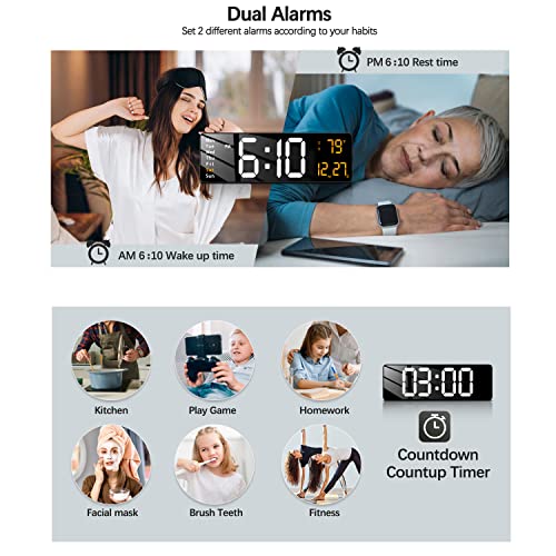 Image of JoFomp ABS Modern 16 inch Large Digital Wall Clock with Remote Control,LED Display,Auto-Dimming,Countdown,Temperature,Calendar - 12 /24Hr Format - Silent Wall Clock for Home,Office,or Gym Use (Orange)