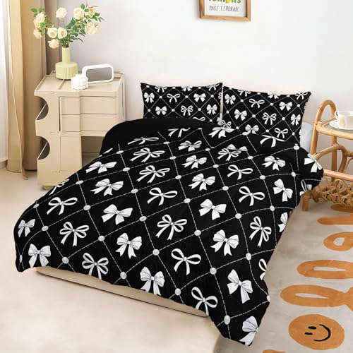 Image of AILONEN Charcoal Bowtie Comforter Full 3 Piece Chic Tape Bedspread Ultra Soft Padded Shell Teens Cool Room Decoration Fashionable Geometric Quilt 2 Shams
