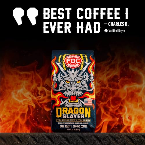 Image of Fire Department Coffee Dragon Slayer Coffee - Gives Back to Firefighters - Bourbon Infused - Ground Dark Roast - Non-Alcoholic - Roasted in the USA - Veteran Owned - 12 oz