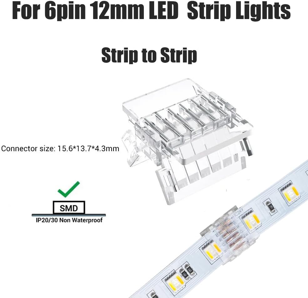 Transparent Quick Connector for 6 Pin 12 mm RGB CCT LED Strips, Universal Use for Waterproof and Non-Waterproof Strips, Pack of 10, MN20-B12-6P