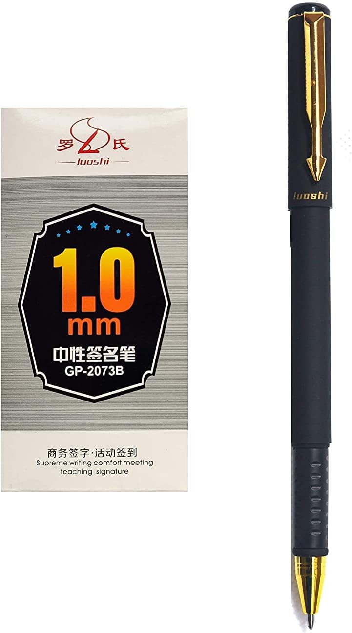 luoshi Golden Trim and Matte Black Roller Smooth Gel Pen 1.0 mm (Set of 12) (BLACK)