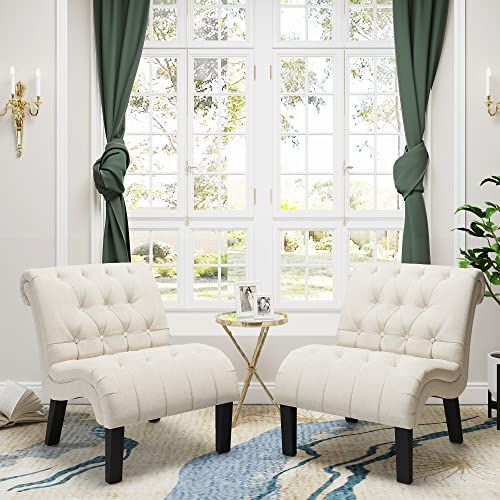 Yongqiang Accent Chairs For Living Room Set Of 2 Upholstered Tufted Bedroom Chairs Curved Armless Side Chairs With Wood Legs Linen Fabric #TOP6