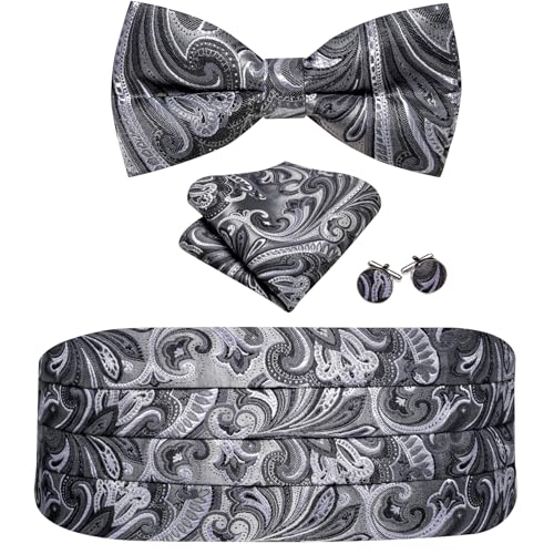 Image of Barry.Wang Men Silk Paisley Cummerbund and Pre-tied Bowtie Handkerchief Cufflink Set for Tuxedo