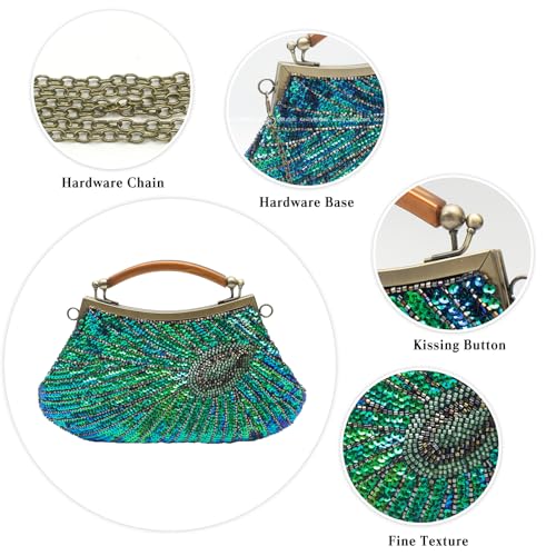 Sac de soirée paon pour femme : pochette de mariage verte à paillettes