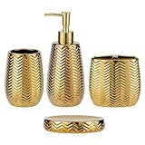 Bathroom Accessories Set 4 Pcs, Gold Ceramic Bathroom Accessories Complete with Soap Dispenser, Toothbrush Holder, Bathroom Tumbler, and Soap Dish - Modern Bathroom Decor