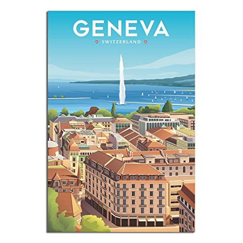 FONNIQ Affiches de voyage vintage Suisse, Genève, fontaine, vieille ville, affiches d'art sur toile – impressions d'art mural pour décoration murale pour chambre à coucher, bureau, cadeaux de fête, 20