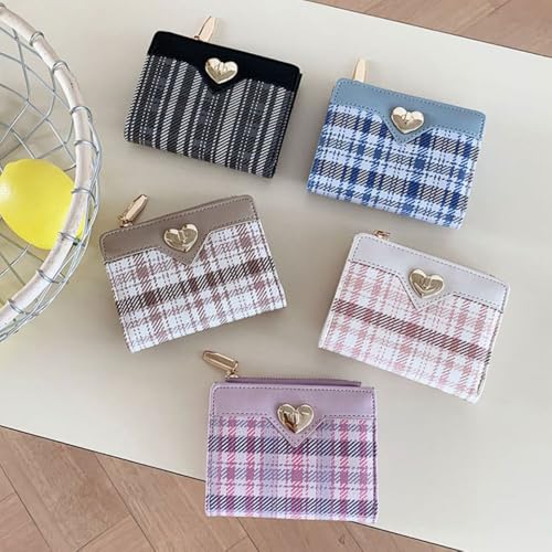Card Bag Zipper Heart-shaped Short Wallet Plaid Clutch Bag (Khaki)4