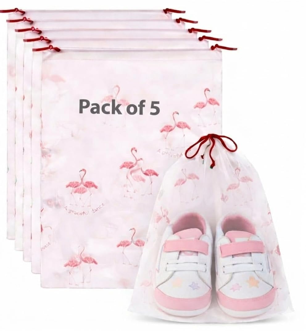 tiny shiny Travel Shoe Bag Pack of 5 – Transparent Waterproof Shoe Organizer with Drawstring, Durable & Lightweight Storage Pouch for Travel, Gym, Home Use for Men & Women (Flamingo Print)-picture-6