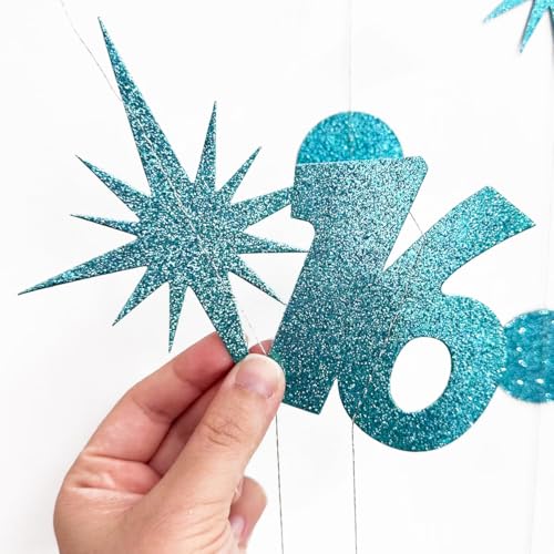 Image of Teal Blue 16th Birthday Decorations Number 16 Circle Dot Star Garland Glitter Streamer Banner Backdrop for Girls Boys Sweet Sixteen Cheers to 16 Years Old Birthday 16th Anniversary Party Supplies