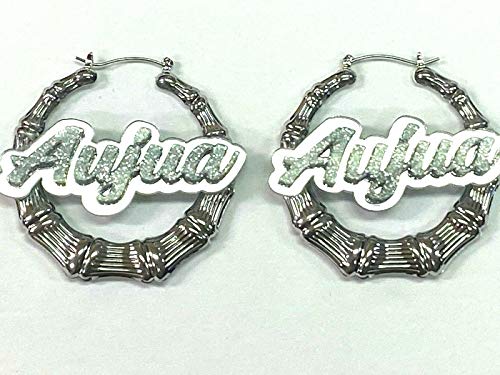 Silver Bamboo Hoop Earrings Personalized Custom Stylish 2.5 Inch Size Name Plate Laser Cut Diamond Look Script Cursive Letters Design Stunning Look - Quality, Attractive Gold Bamboo Earrings, Made To Order - Any Name3