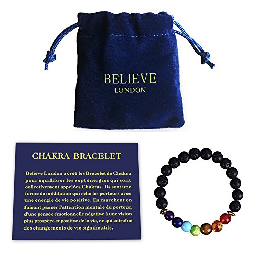 Believe London Bracelet Chakra avec Sac à Bijoux et Carte des Significations | Bracelet Ajustable pour SAdapter à Tous Les Poignets | Pierres Naturelles des 7 Chakras | Guérisseur (8 inch Bracelet)