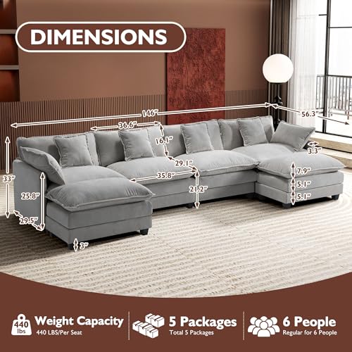 Ihanherry 146" U-Shaped Modern Sofa Modular Sectional Cloud Couch with 2 Ottoman, 6-Seat Chenille Deep Seat Sofa with 6 Pillows for Living Room, Bedroom and Apartment, Grey - Image 3