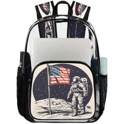 American Flag Clear Backpack for Stadium Events, Planets Astronaut Waterproof Clear Bag for Women Men Adult Sport Work Daily Music Festival and Concerts