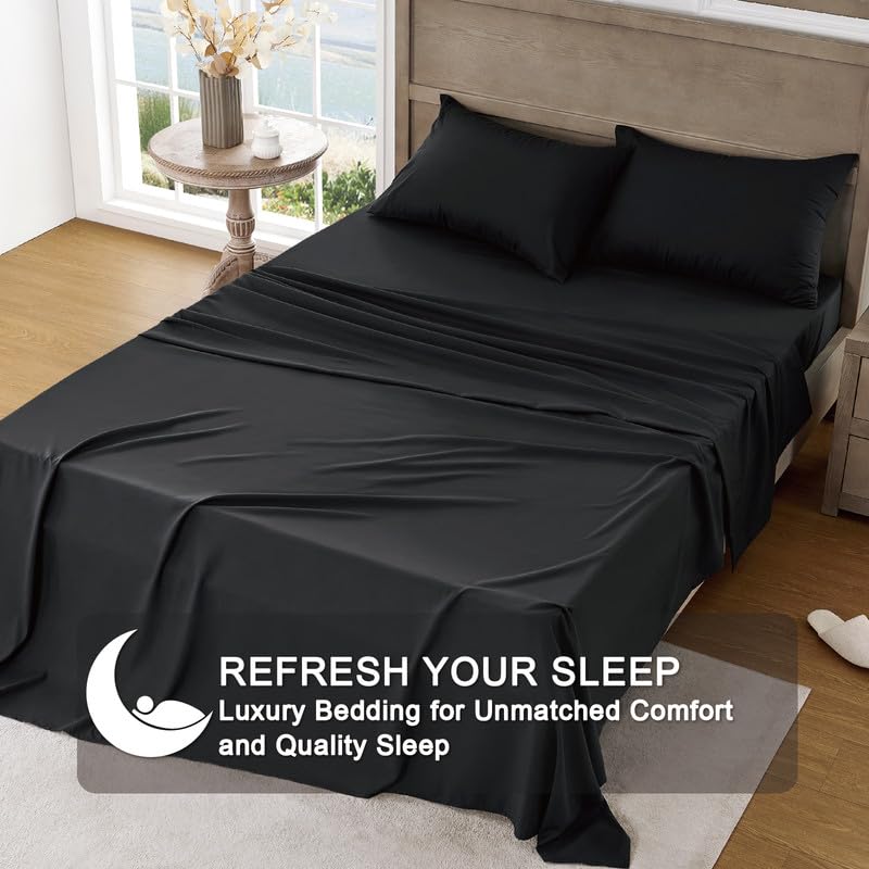 Image of FreshCulture Twin Bed Sheets - Ultra Soft Sheets for Twin Bed - Brushed Microfiber - Deep Pockets - Easy Care - Cooling & Breathable Sheets - Hotel Quality 3 Piece Sheet Set (Black)