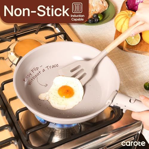CAROTE 17pcs Pots and Pans Set, Ceramic Cookware Set Detachable Handle, Induction Nonstick Kitchen Sets with Removable Non Stick RV Oven Safe Taupe,(C07787) - Image 4
