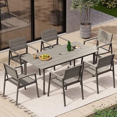 Oasbira Patio Dining Sets for 6, Outdoor Table and Chairs, 7 Pieces HDPS and Aluminum Patio Furniture Set with Umbrella Hole for Deck, Garden, Backyard (Gray)