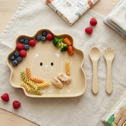 Image of TIGGY & BONNET Lion 2 Pcs Silicone Baby Feeding Set for Baby Bpa-Free | Microwave Safe, Anti-Slip Base | Tableware Kit for Babies & Toddlers with Suction Plate & Spoon