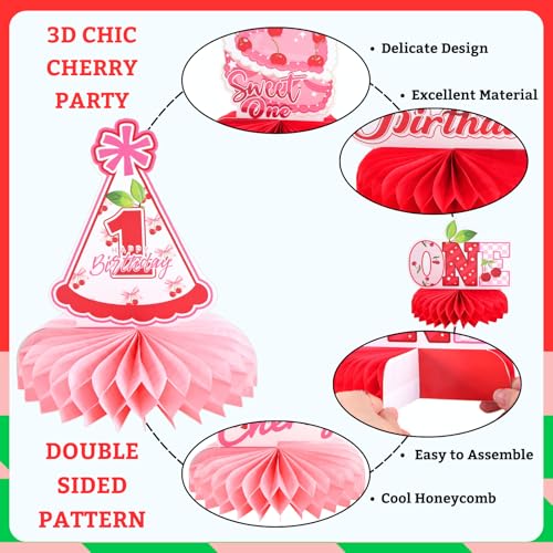 Image of 9pcs Cherry On Top Honeycomb Centerpieces First Birthday Party Table Decorations Sweet ONE Cherry Tabletop Centerpieces for Baby Shower One Year Birthday Cherry Table Topper Sign Decorations