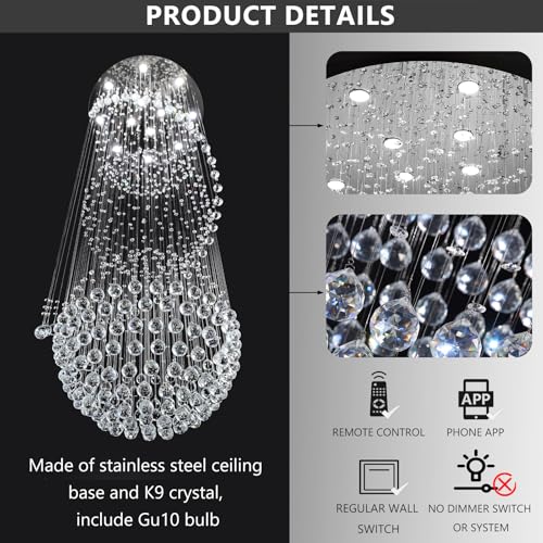 cenozo D32'' x H100'' Crystal Chandelier for Entryway High Ceiling Chandeliers Glam Chandelier Modern Large Raindrop Chandeliers LED Dimmable Light Fixtures for Staircaes Foyer Living Room by cenozo - Used condition - US$561.06