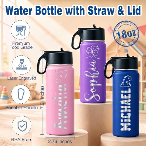 Image of Personalized Water Bottles for Kids with Engraved Name with Straw Lid Custom 18oz Insulated Stainless Steel Water Cups for School Customized Gifts for Boys Girls for Birthday Back to School BPA Free