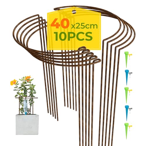 LyTaispuly 10 Pack Rusty Metal Garden Plant Support Stakes Tall(Raw Steel Designed to Rust), 40cm High Large Strong Half Round Hydrangea Ring Cage, Bow Type Flower Hoops for Outdoor Peony Rose Tomato
