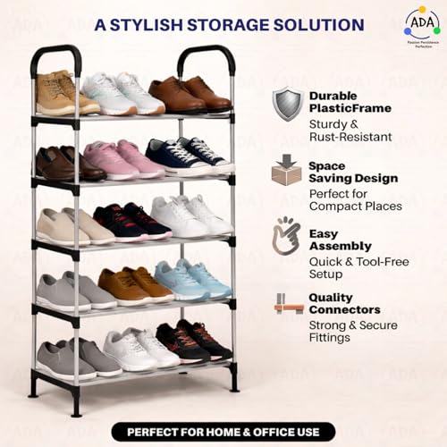 Image of ADA Premium Multipurpose Shoe Rack | 5-Tier Shoe Storage Organizer, Compact Space Saver, Sturdy & Durable Rack for Entryway, Living Room, Bedroom & Closet - Black & Grey