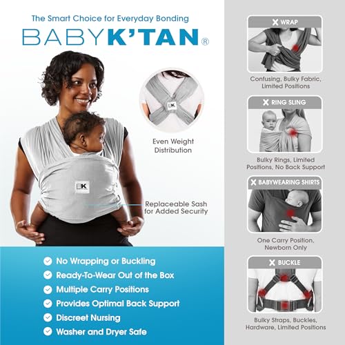original baby k39tan baby carrier 1 easy pre-wrapped soft slip-on no rings no buckles  5 in 1 baby sling gift  the best hands free infant wrap  heather grey  medium