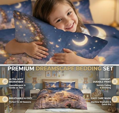 Image of HOMEKART Kids Cloud Cotton Bedsheet Double Bed | 210 TC Cartoon Printed Bedding Set with 2 Pillow Covers 7D | Soft, Wrinkle-Free | 108 x 108 Inches (Teddy Bear Moonlight)
