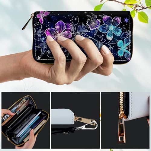 Women's RFID Blocking Wallet PU Leather Slim Bifold Wristlet Clutch with Large Capacity,16 Card Slots & Zipper Coin Purse Pocket Ladies Travel Purse Wristlet,Glowing Flower And Butterfly4