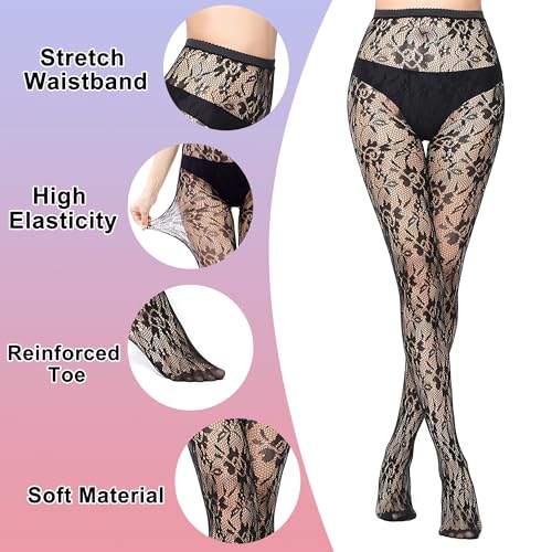 3Pcs Black Tights for Women, Patterned Fishnet Stockings for Women, Stylish Lace Thigh High Stockings Pantyhose Black Fishnets Leggings Lace Tights for Daily Wear Dating Party2
