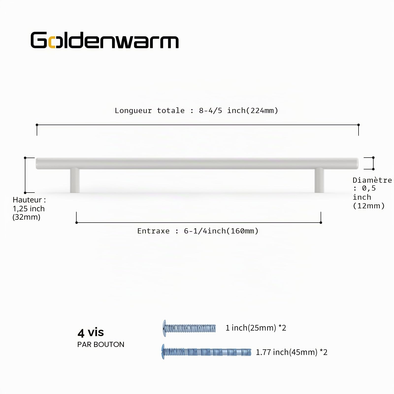 goldenwarm Lot de 15 poignées pour armoires de cuisine, placard, porte de cuisine, placard, placard de cuisine, en acier inoxydable, espacement entre les trous : 160 mm, blanc