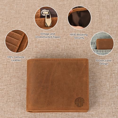 Onedor Leather Wallet for Men, Personalized Custom Mens Wallet, RFID Blocking, Bifold Wallet with ID Windows, Zipper Compartment, 6 Card Slots, 2 Bill Slots, Customized Gift for Him (Light Brown)3