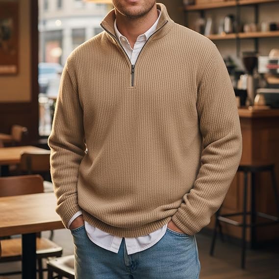 Mokaloha Men's Stylish Quarter-Zip Corduroy Ribbed Polo Sweatshirt, Pacificozy Waffle Stand Long Sleeved Sweat Shirt 6