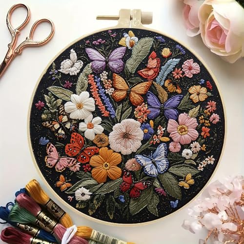 Image of Huacan Embroidery Kit for Beginners Adults Includes Stamped Flowers Butterfly Pattern, Hoop, Color Threads,Tools,Easy to Follow Instruction
