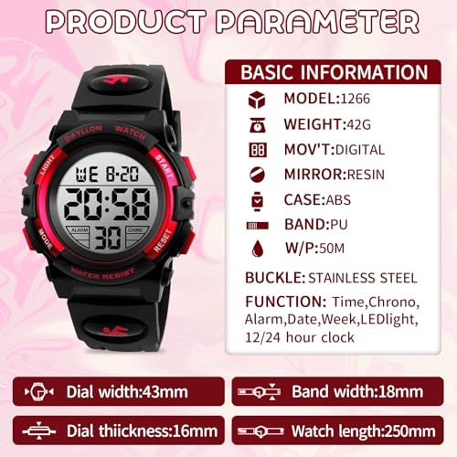 Image of Dayllon Kids Digital Watch Boys Outdoor Sports 50M Waterproof Girls Watches Alarm Clock 12 /24 H Stopwatch Calendar for Ages 3-15 Boy Girl Wristwatch Kids Gift