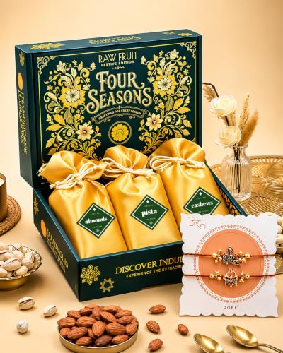 Image of HyperFoods Rakhi set for brother with dryfruit RawFruit Four Season's Dry Fruit Gift Box (300 grams) with Rakhi set of 2 Dry fruits gift pack Rakhi Gift Hamper for Brother