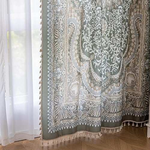 Image of Sage Green Medallion Curtains 72 Inches Long, Boho Farmhouse Light Filtering Rod Pocket Drapes with Tassel Trim for Bedroom Living Room, 2 Panels