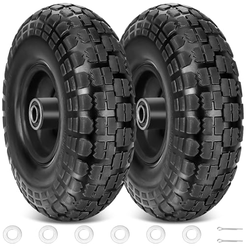 TICONN 4.00-6 Tire and Wheel Flat Free 2 Pack 13 Solid Tires with 5/8 Axle Bore Hole and Double Sealed Bearings Perfect for Wheelbarrow Garden Cart Wagon Dolly (Black 2PK)