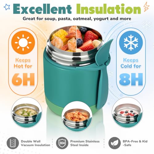 Image of 10oz Soup Thermo for Hot Food Kids,Lunch Thermo Kids Food Jar with Spoon Hot Insulated Food Containers,Leak Proof Stainless Steel Wide Mouth Lunch Thermo Jar for School(Green)