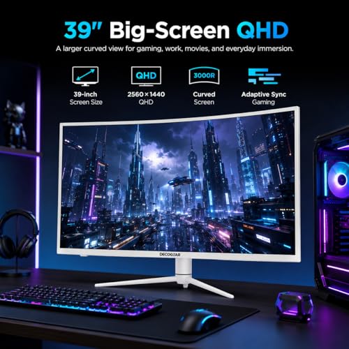 Image of Deco Gear 39 inch White Curved Gaming Monitor, QHD 2560x1440 165Hz 1ms MPRT, HDR400, 99% sRGB, 3000R VA Display, Adaptive Sync, 65W USB-C, HDMI 2.0 DisplayPort 1.4, Display for PC & Laptop