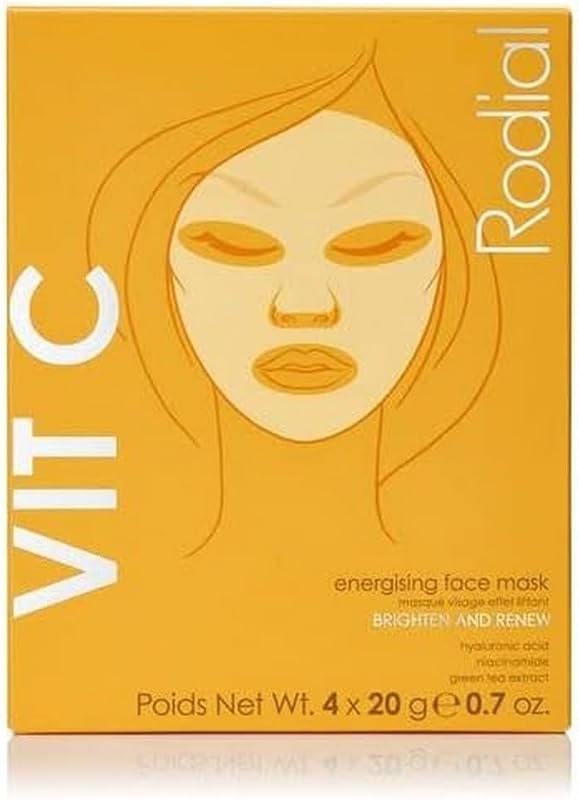 Rodial Máscaras Faciais de Tecido Energizantes com Vitamina C, 20 mL, Pacote com 4