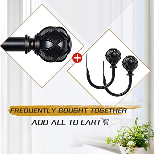 KAMANINA KAMANINA Bundle of 36-72" Curtain Rod and Matched Holdbacks 1 Pair, Netted Texture Finials, Black