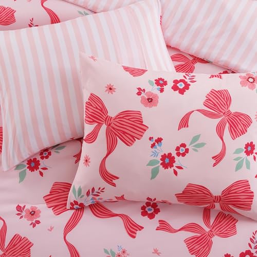 Image of Twin XL Comforter Set for Girls Pink Bow Floral 5 Pieces Bed in a Bag