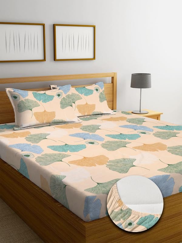 Image of NHD HOME Cotton Fitted King Size Double Bedsheets with 2 Pillow Covers | Elastic Fitted | Wrinklefree | Ultrasoft |All Season Bedsheet 210 tc tc Floral | 78 x 72+8 Inches, Aqua Blue Geometric